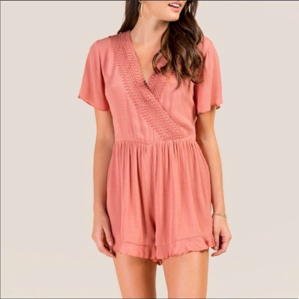NWOT Francesca’s Embroidered Rose/Coral Romper